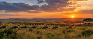 Golden savannah plains of the Maasai Mara at sunset